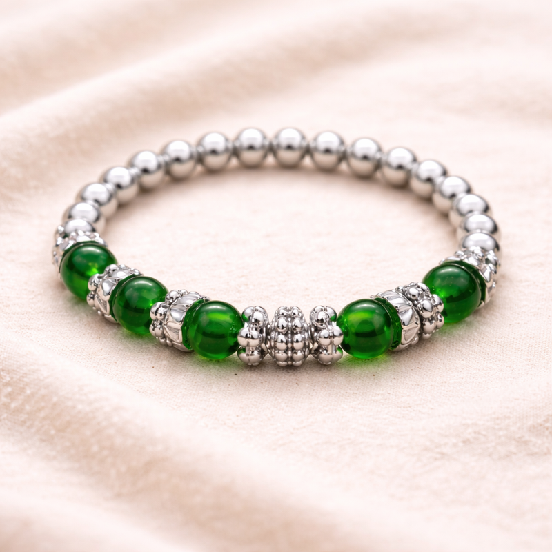 Silver Green Beads Bracelet for Women | Handmade Daily Wear Jewelry | Elegant Minimal Bracelet India