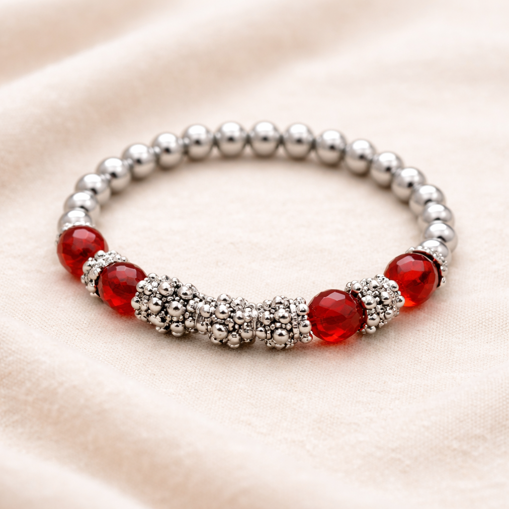 Silver Red Beads Bracelet for Women | Handmade Daily Wear Jewelry | Lightweight Fashion Bracelet India | Gift for Girls